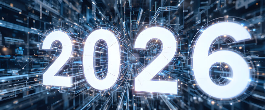 Futuristic “2026” digital design with glowing typography, cyber grid elements, and high-tech visual effects. Bright white numbers surrounded by holographic lines, data streams, and neon circuits 