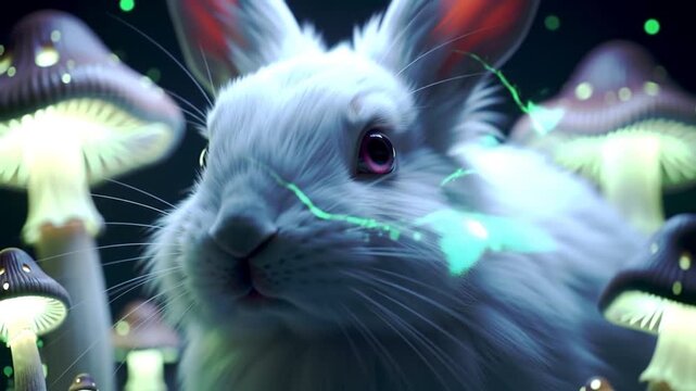 A fantastical close-up of a white rabbit with pink eyes, surrounded by glowing mushrooms and a butterfly