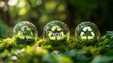 Promote recycling with green recycle symbol in crystal ball on mossy surface
