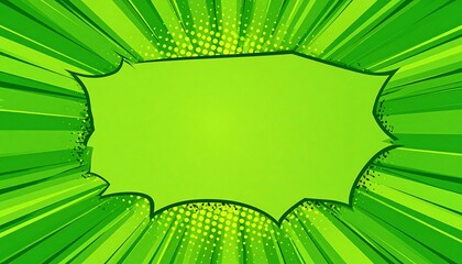 Bright green comic book style background with halftone dots and radial rays emanating from the center