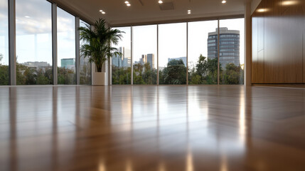 A spacious modern office featuring large glass windows that offer a stunning urban view, filled with natural light and a touch of greenery to enhance the workspace atmosphere.