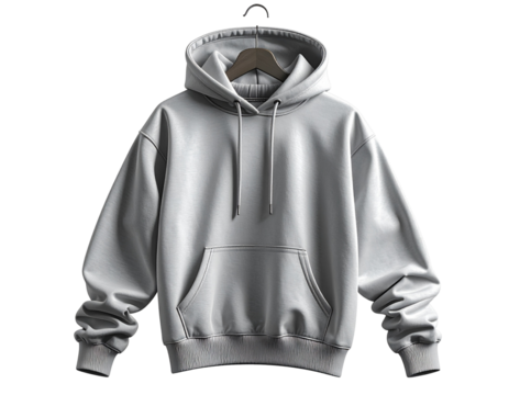 Grey Hoodie Hanging on Invisible Hanger, Side-Angled View, Isolated PNG