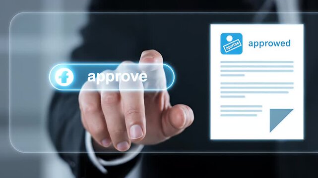Hand Pressing Approve Button on Digital Touchscreen with Document Icon in Dark Suit Jacket Against Gradient Blue Background
