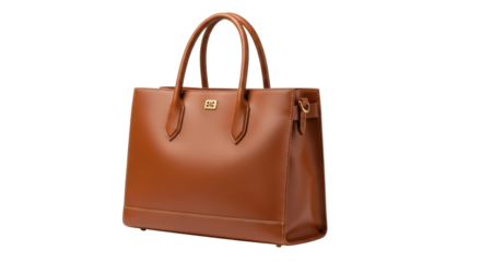 Elegant brown leather tote bag isolated PNG, stylish handbag with top handles for fashion accessory and everyday use, on transparent background