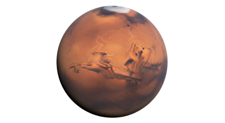 Detailed Mars planet PNG isolated on transparent background, red planet with polar ice cap and surface features for space exploration