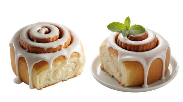 Two delicious cinnamon rolls with white icing, one garnished with a fresh mint leaf, isolated on transparent background