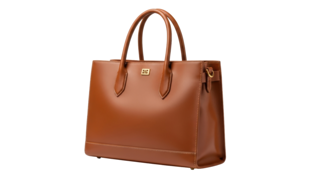Elegant brown leather tote bag isolated PNG, stylish handbag with top handles for fashion accessory and everyday use, on transparent background