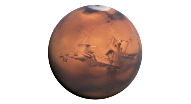 Detailed Mars planet PNG isolated on transparent background, red planet with polar ice cap and surface features for space exploration