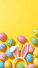 Cheerful easter background with painted eggs and bunny ears headband decoration