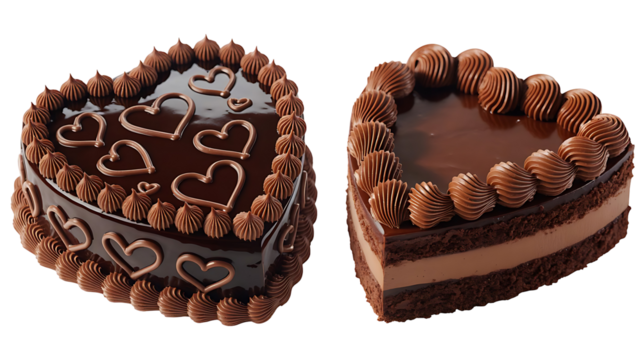 Two delicious heart shaped chocolate cakes with rich frosting and piped decorations isolated on transparent background