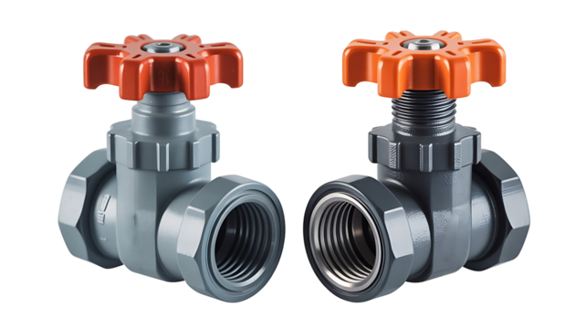 Two gray plastic globe valves with orange handles shown against a transparent background, isolated