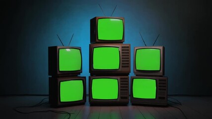 A nostalgic stack of vintage televisions with glowing green screens, a retro concept for classic media broadcasting and technology