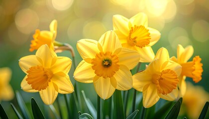 Cheerful yellow daffodils in warm sunlight, lush green leaves and blurred bokeh background create a peaceful scene