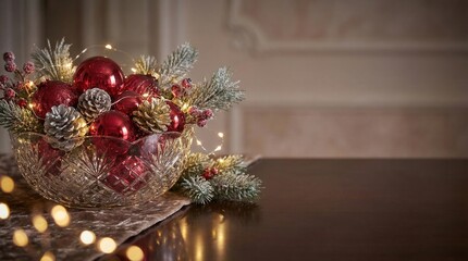 Festive Christmas Bowl Decoration with Warm Lights