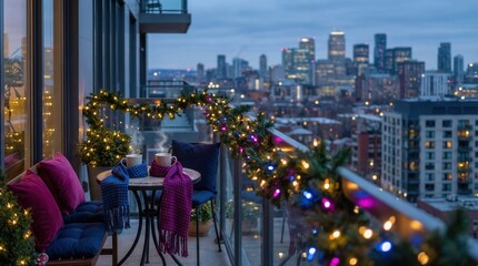 Cozy Balcony View of City Lights at Dusk