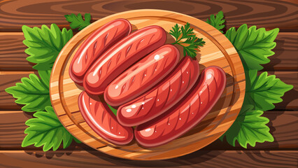 Very beautiful semi-realistic vector illustration of raw sausages arranged neatly on a rustic wooden board, showing natural texture, fresh color, and clean presentation suitable for culinary or food-