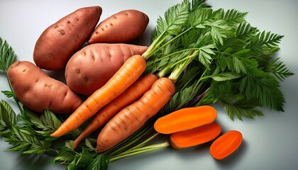 Fresh Carrots With Leafy Tops And Sweet Potatoes One Sliced Revealing Vibrant Orange Flesh