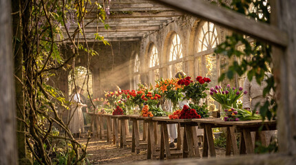 Vibrant flowers bloom in an old greenhouse, perfect for gardening ads or floral displays. Experience tranquility in nature's beauty.