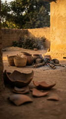 A rustic scene with clay pots, woven baskets, and a small fire, embodying traditional cooking in nature. Perfect for cultural articles or cooking guides.