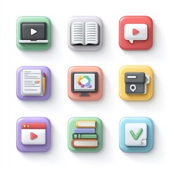 Learning education icon symbols laptop book video chat folds check mark 