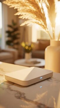 Sun-Drenched Living Room Setup Featuring WiFi Extender and Pampas Grass Decor Ideas