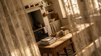 A cozy kitchen with a wooden table and copper pots, ideal for vintage home decor.