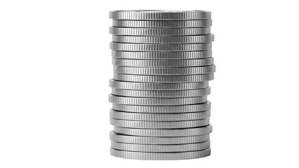 Stack of silver coins representing finance isolated on transparent background