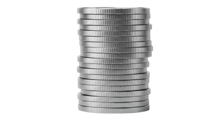 Stack of silver coins representing finance isolated on transparent background