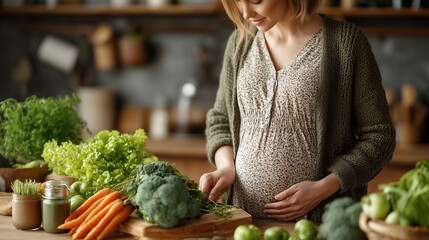 Pregnant Woman Preparing Green Vegetables and Nourishing Ingredients in Cozy Home Kitchen