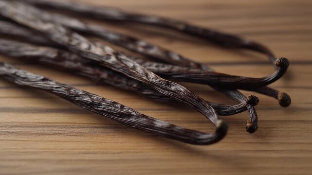 Several long, dark Tahitian vanilla beans placed parallel on a wooden surface