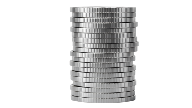 Stack of silver coins representing finance isolated on transparent background
