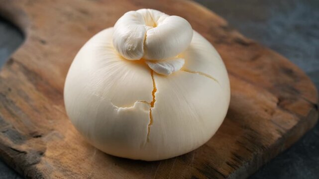 A large ball of creamy burrata cheese placed on a rustic wooden board