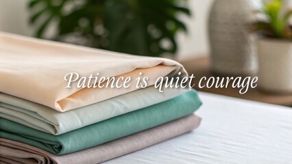 Stack of folded fabric layers with inspirational quote