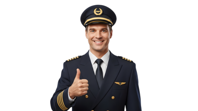 Happy male pilot gives approving thumbs up isolated on transparent background