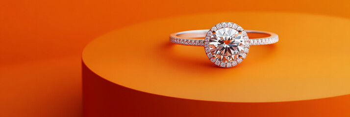 A Minimalistic Display of a Diamond Ring's Radiance Against Darkness wide banner - orange background