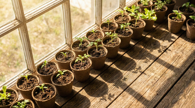 Sun-kissed seedlings in pots on a wooden windowsill, perfect for gardening blogs or home decor. Nurture your indoor garden with vibrant growth.