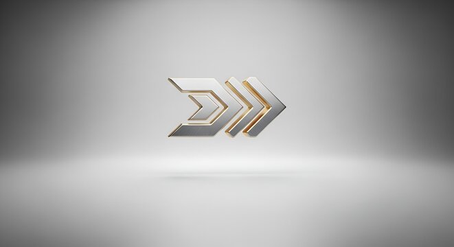 Three metallic chevron arrows point rightward with a gold trim on the brushed metal gradient surface