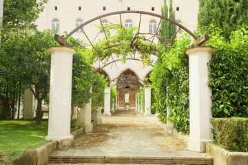 View of the cloister of Santa Chiara in Naples, Campania, Italy