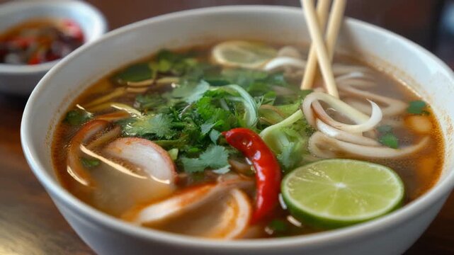 A hot bowl of Vietnamese pho garnished with fresh herbs, lime, and chili