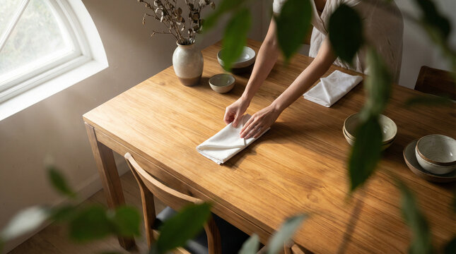 A beautifully arranged dining table with white napkins and natural decor, perfect for holiday gatherings or intimate dinners.