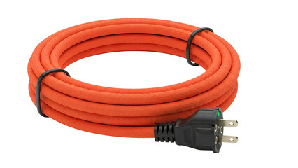 Orange extension cord, coiled, with grounded plug, against a black backdrop