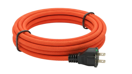 Orange extension cord, coiled, with grounded plug, against a black backdrop