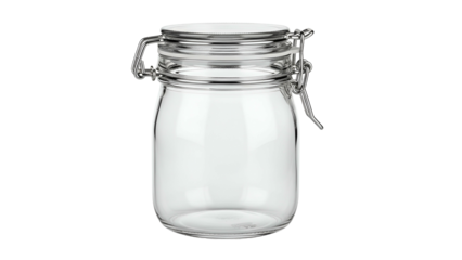 Clear glass jar with hinged metal closure, empty. Black background
