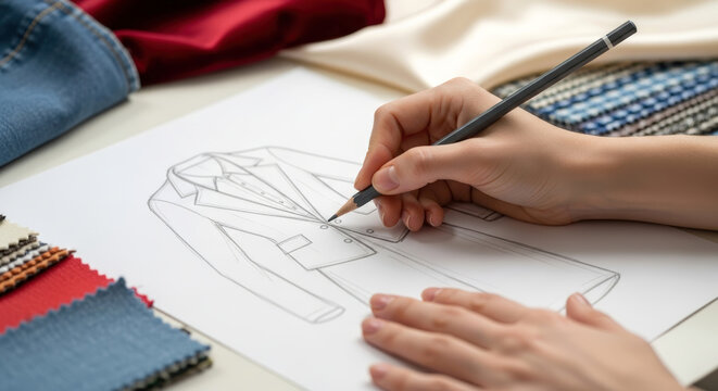 Fashion design sketch on paper with textile samples