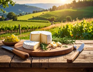 Cheese wheel, grapes, and knives on wood, overlooking vineyard landscape bathed in sunlight
