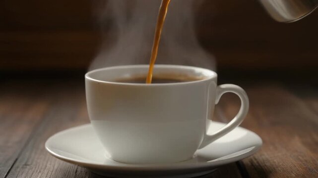 Freshly brewed coffee with steam pouring into an empty classic white cup