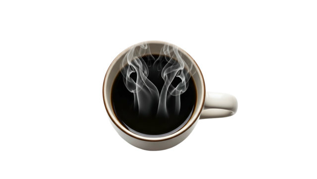 Coffee cup top-down view, dark liquid, steam rising. Black background
