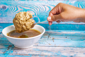 Bakso gajah on the table. Bakso gajah means meat ball with jumbo size. Indonesian street food.