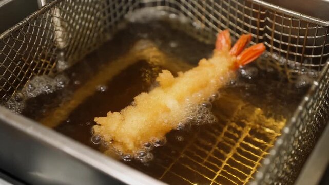 The perfect straight-shaped shrimp tempura floating gracefully in a deep fryer, surrounded by oil