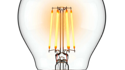Close-up of a clear incandescent light bulb with visible warm-toned filaments